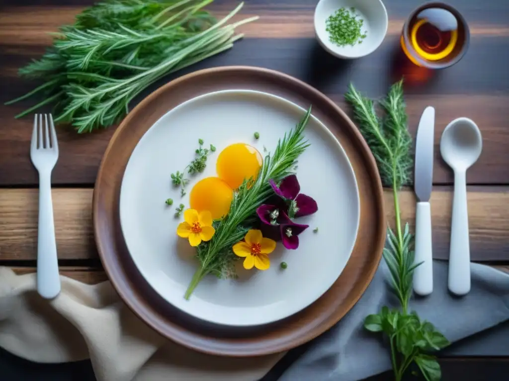 Una exquisita creación sin gluten innovadora, con colores vibrantes y detalles intrincados, presentada elegantemente en un plato blanco moderno con hierbas frescas y flores comestibles, sobre un fondo de mesa de madera rústica