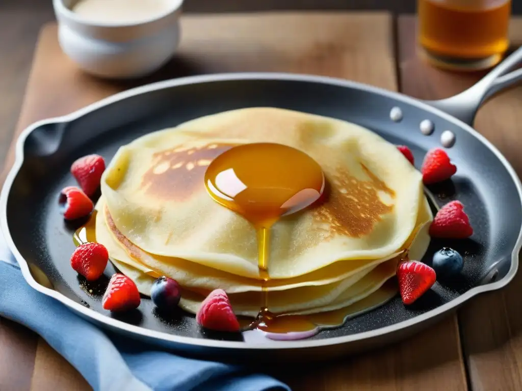 Exquisita crepe dorada con frutos rojos y miel, cocinada a la perfección