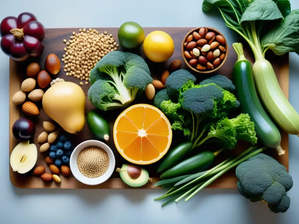 Una exquisita y detallada composición de alimentos coloridos en una tabla de cocina, destacando las proteínas en cocina sin gluten