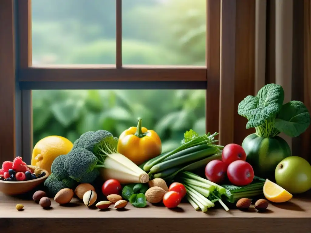 Deliciosa variedad de frutas y verduras frescas en mesa rústica Una exquisita y detallada imagen de frutas y verduras frescas en una mesa de madera rústica, evocando frescura y salud