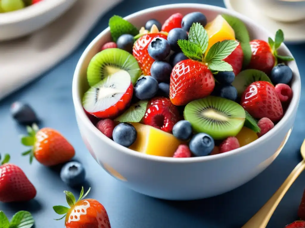 Una exquisita ensalada de frutas coloridas y frescas, bañadas en miel dorada