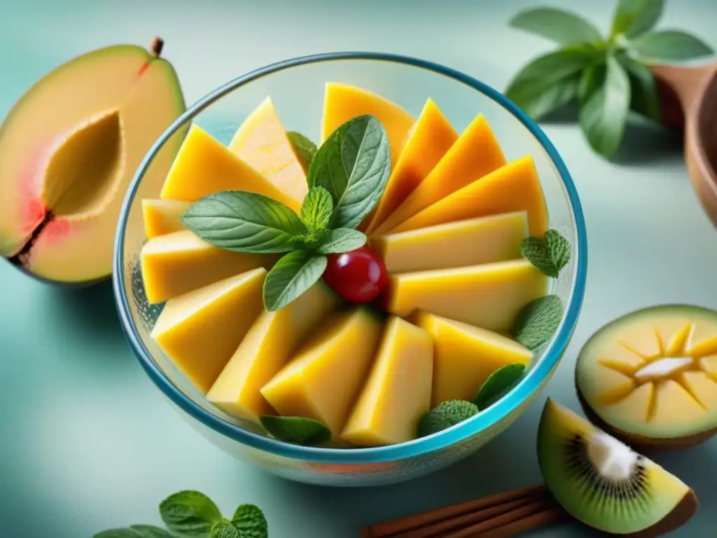 Una exquisita ensalada de frutas tropicales en un tazón de vidrio