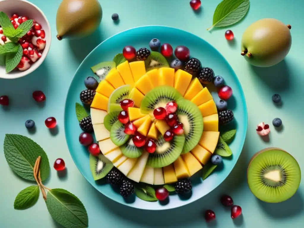 Una exquisita ensalada de frutas vibrante con bayas, mango, kiwi y semillas de granada, bañada en aderezo de miel y lima, decorada con hojas de menta, chía, perfecta para atletas