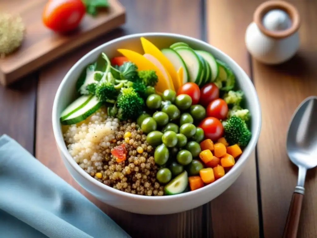 Una exquisita ensalada gourmet de quinoa, con vegetales frescos y aderezo ligero, en una mesa rústica