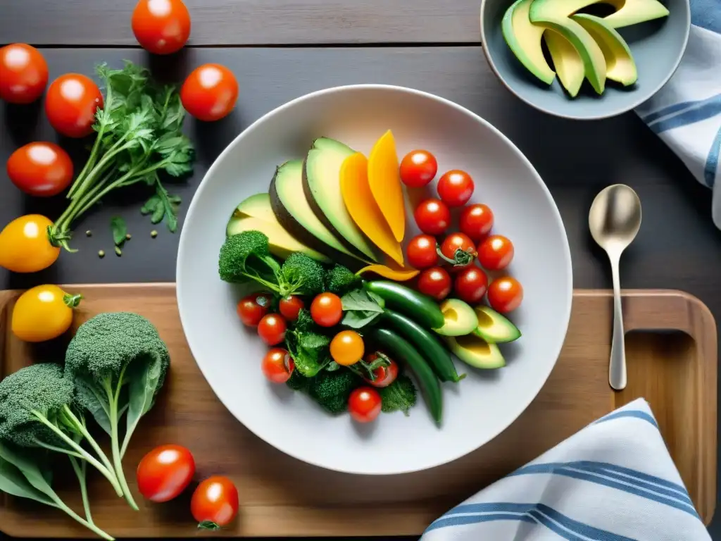 Exquisita ensalada de vegetales coloridos con chía y aceite de oliva