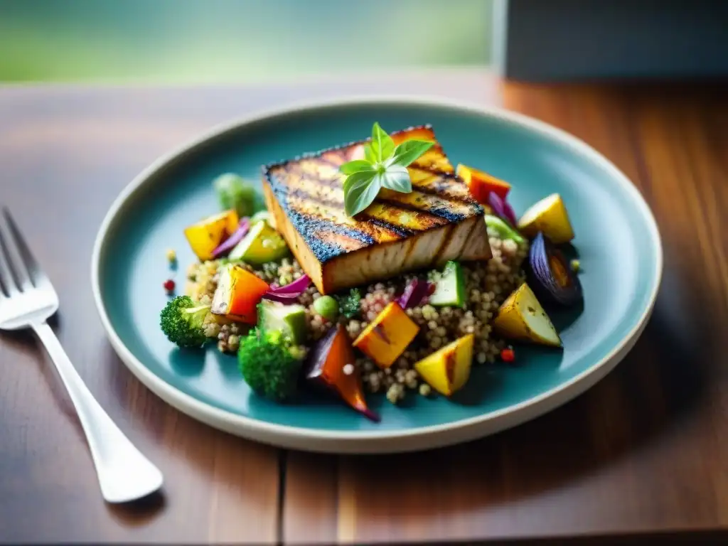 Una exquisita ensalada de quinoa con vegetales, tofu y hierbas frescas, en mesa rústica