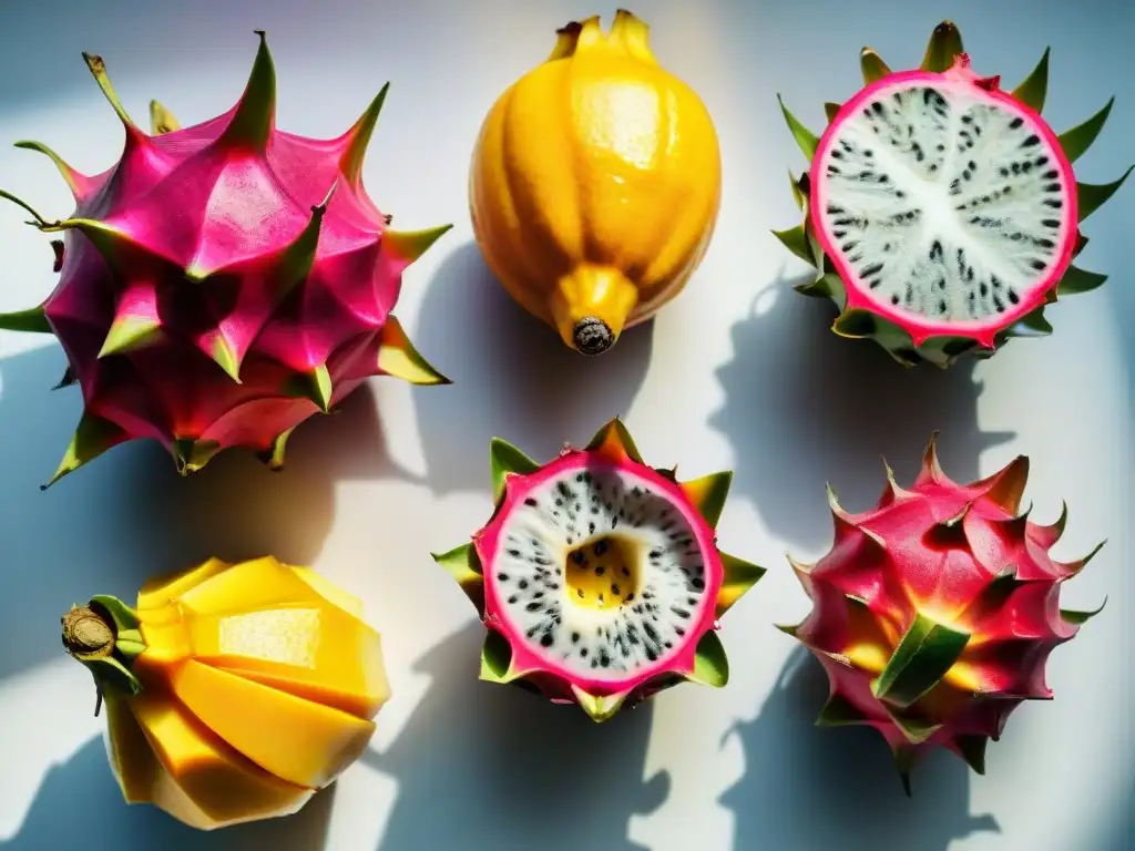 Una exquisita exhibición de frutas exóticas en una encimera de cocina, creando una vibrante y tentadora presentación de edulcorantes sin gluten innovadores