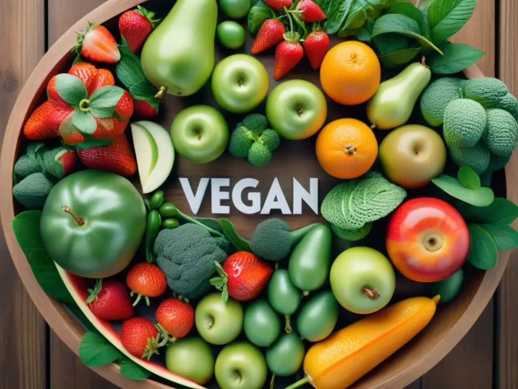 Una exquisita exhibición de frutas y verduras frescas en una mesa de madera, resaltando los beneficios de una dieta vegana sin gluten