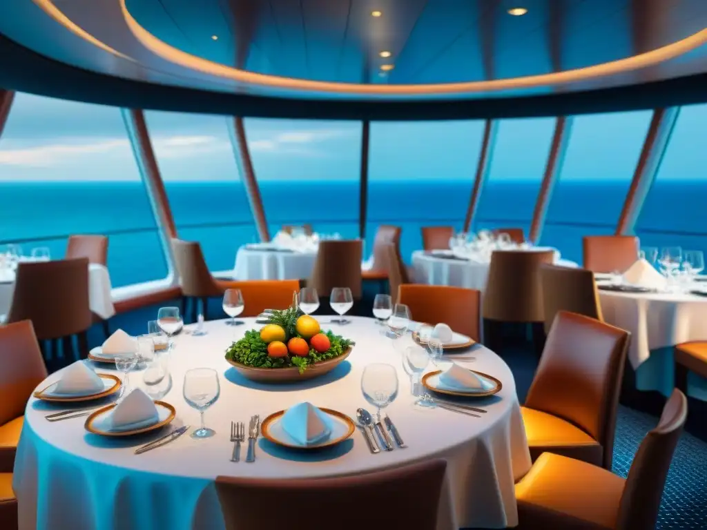 Exquisita experiencia de dieta sin gluten en cruceros: lujoso comedor con vista al mar y deliciosos platillos