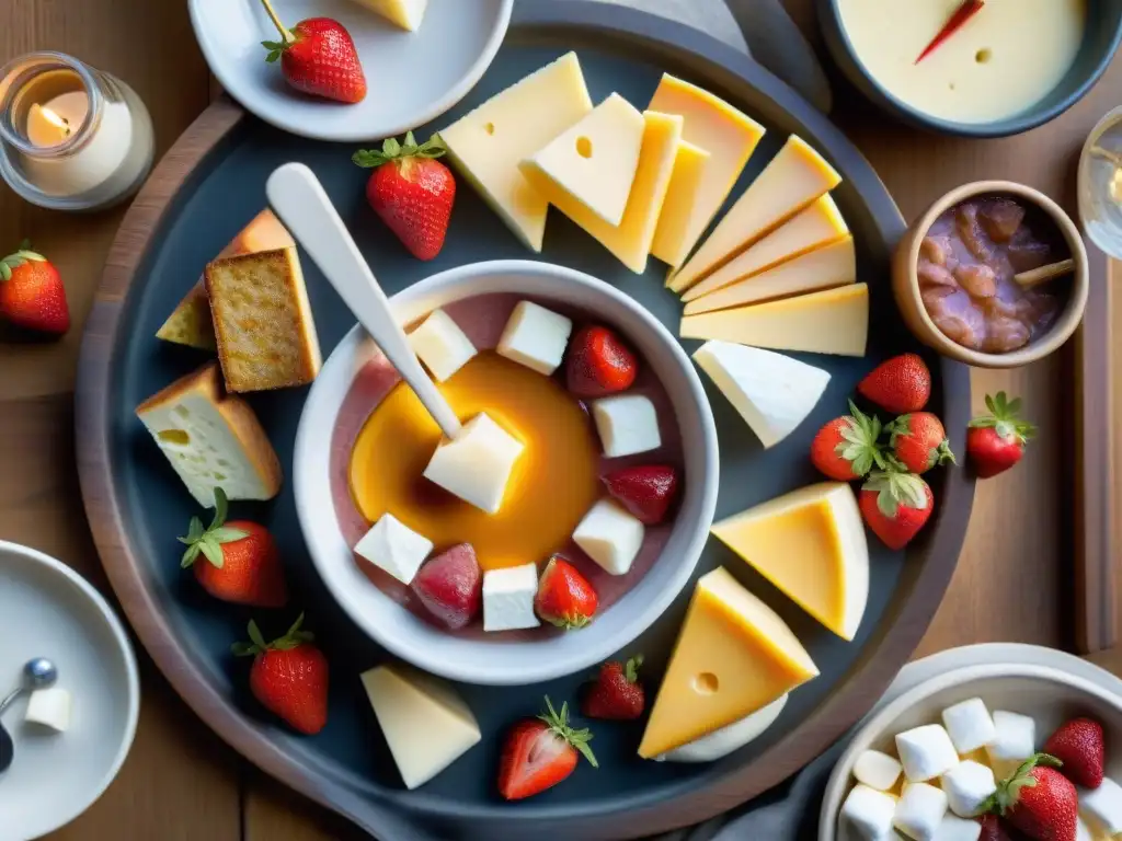 Una exquisita fondue sin gluten receta suiza: fresas, malvaviscos y embutidos alrededor de un derretido queso dorado