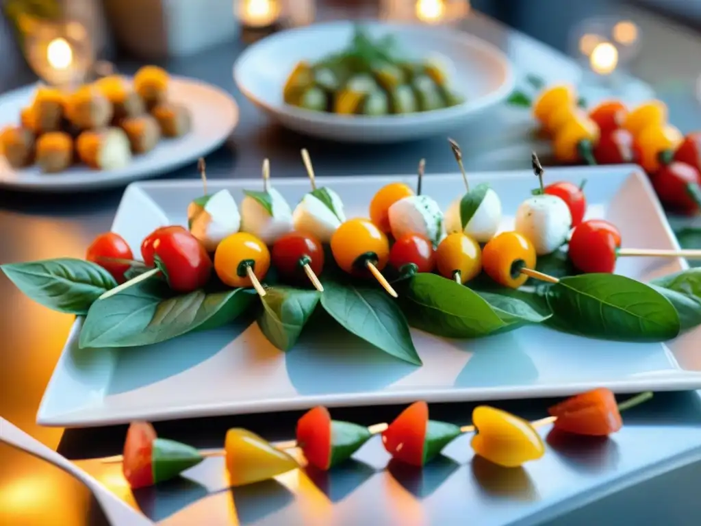 Exquisita mesa de aperitivos sin gluten en evento social con caprese, salmón y pimientos rellenos, decorada con luces y flores