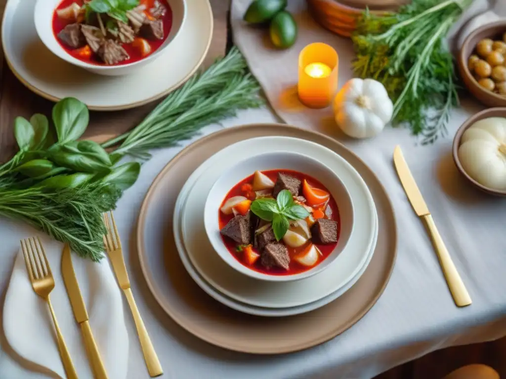 Exquisita mesa de cocina rusa sin gluten con borsch, estroganof y pelmeni en vajilla rústica y elegante