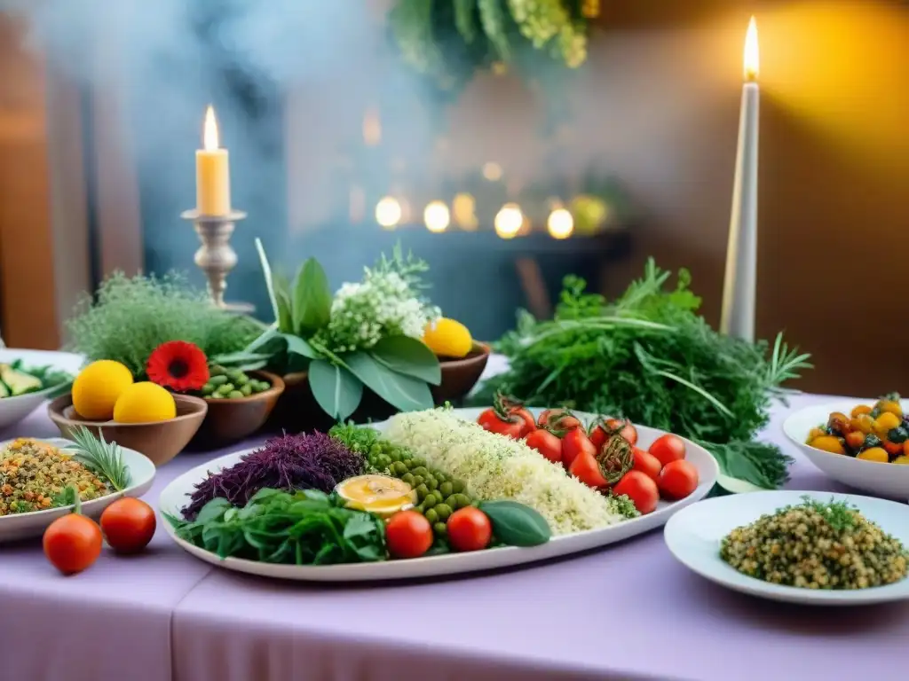 Exquisita mesa de evento con dieta vegana sin gluten, platos coloridos y decoración elegante