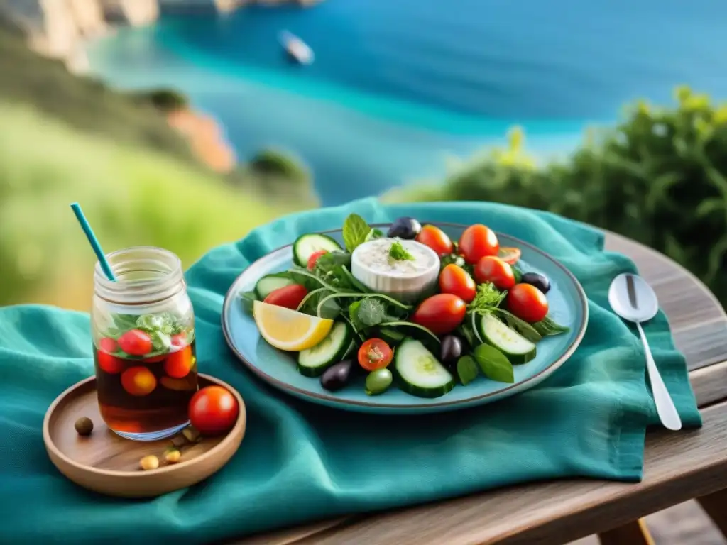 Delicias Mediterráneas sin gluten en mesa al aire libre Exquisita mesa mediterránea con recetas sin gluten saludables al aire libre frente al mar