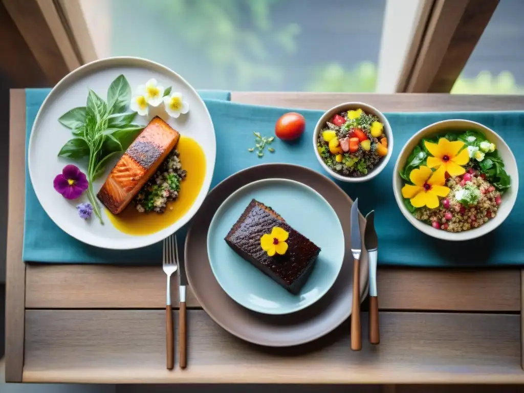 Exquisita mesa con platos gourmet sin gluten: quinoa, salmón y pastel de chocolate, en platos artesanales sobre mesa de madera rústica