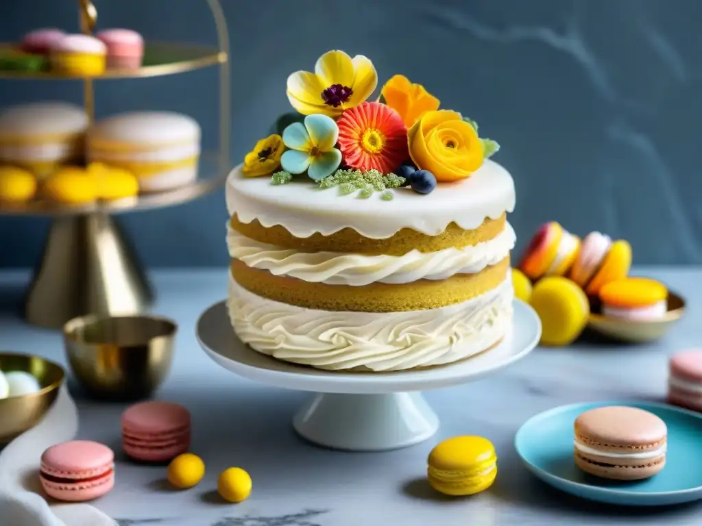 Una exquisita mesa de postres sin gluten para fiestas con un pastel de tres pisos decorado con flores comestibles y detalles dorados