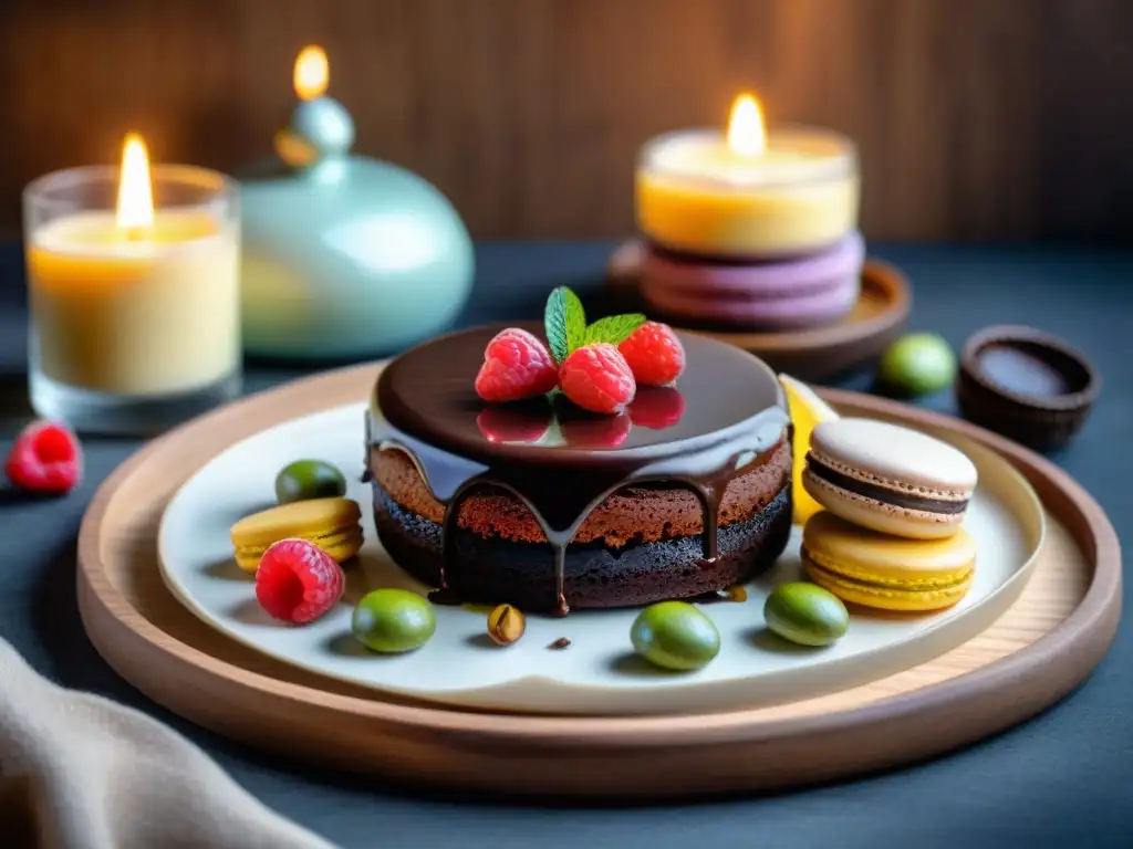 Exquisita mesa con postres sin gluten saludables: pastel de chocolate, macarons de almendra y panna cotta de leche de coco con coulis de maracuyá