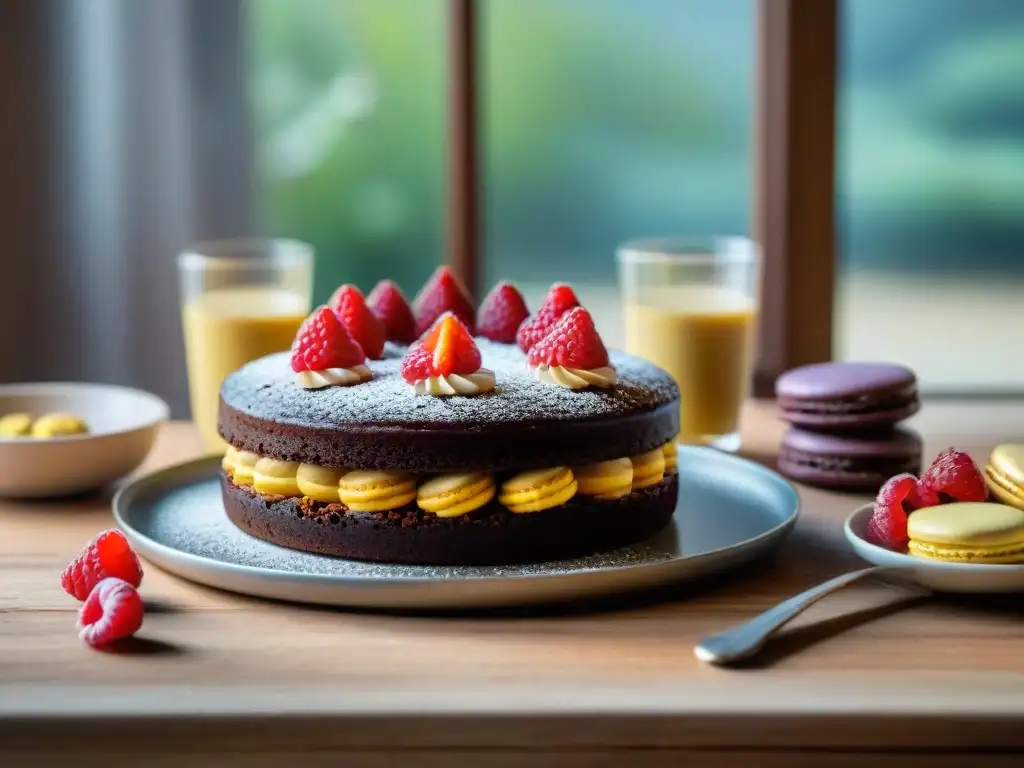 Una exquisita mesa de postres sin gluten: pastel de chocolate, tarta de frutas y macarons, en una mesa rústica con luz natural