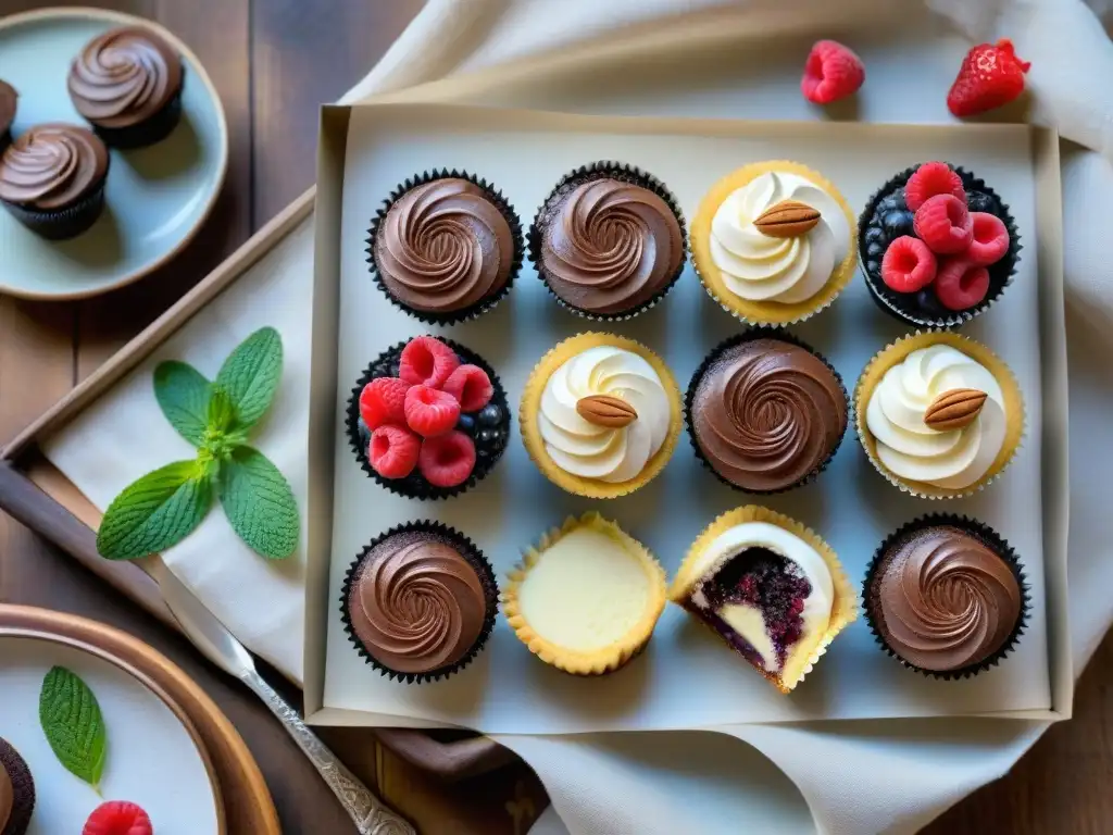 Exquisita mesa de postres sin gluten bajos carbohidratos: cupcakes, galletas y tartas de frutos rojos en una elegante presentación