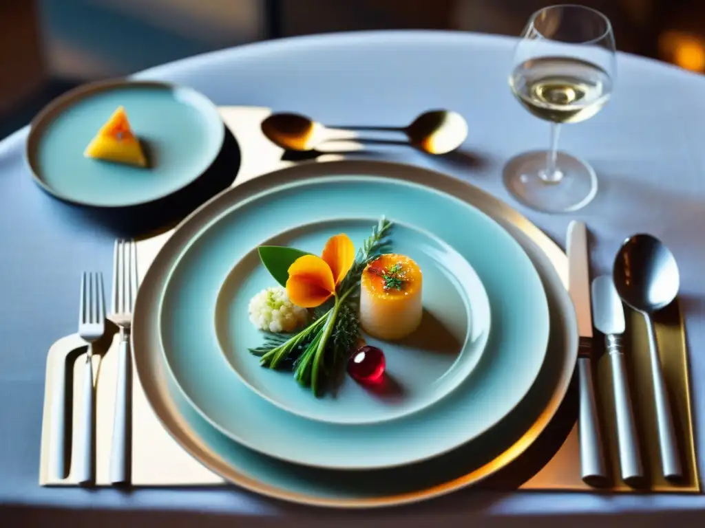 Exquisita mesa gourmet con plato gluten-free y decoración sofisticada Una exquisita mesa de restaurante con platos sin gluten, elegantes detalles y decoración refinada
