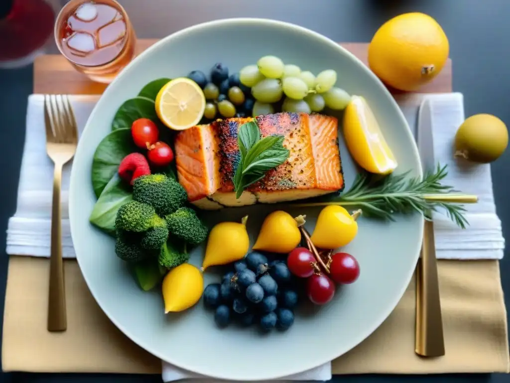 Exquisita mesa para reuniones con recetas sin gluten: ensalada de quinua, brochetas de verduras, salmón al horno y frutas frescas