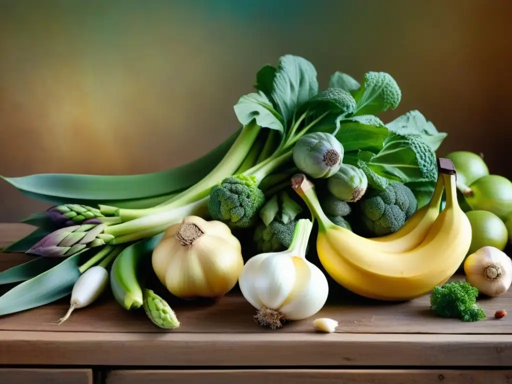 Una exquisita mezcla de frutas y verduras coloridas ricas en prebióticos, desplegadas sobre una mesa de madera rústica