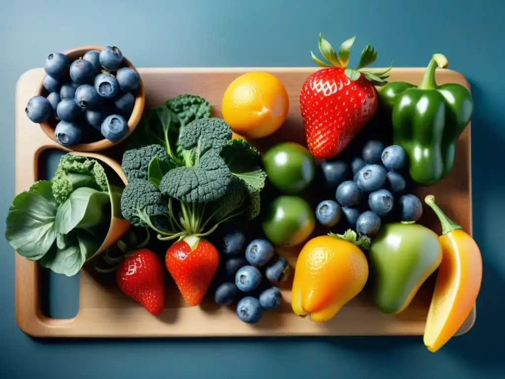 Una exquisita mezcla de frutas y verduras coloridas sobre tabla de cortar, resaltando beneficios vitaminas en dieta sin gluten