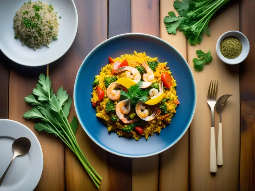 Una exquisita paella sin gluten en Murcia, con arroz vibrante, mariscos y verduras, en un plato de cerámica español