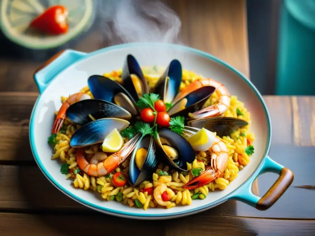 Una exquisita paella de mariscos sin gluten, con camarones, mejillones, calamares y langosta, decorada con perejil y limón en una mesa rústica