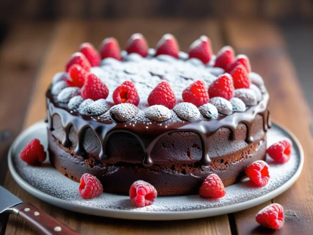 Exquisita pastelería sin gluten deliciosa: un cake de chocolate con frambuesas y azúcar glas, en mesa rústica iluminada