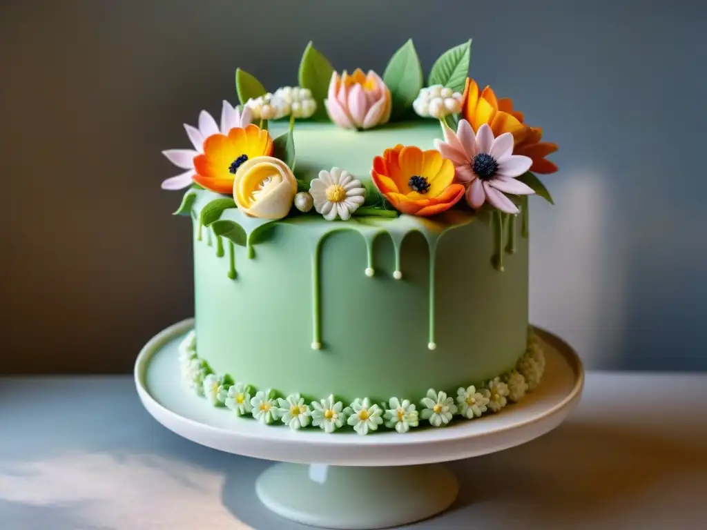 Exquisita pastelería sin gluten deliciosa: un impresionante pastel de tres pisos decorado con flores de fondant en colores pastel