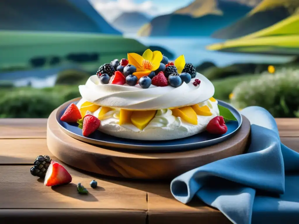 Exquisita pavlova sin gluten con frutas frescas y flores, en paisaje neozelandés