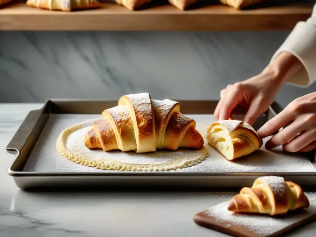 Exquisita preparación de croissants sin gluten receta fácil, manos del panadero amasan la masa sobre la encimera de mármol