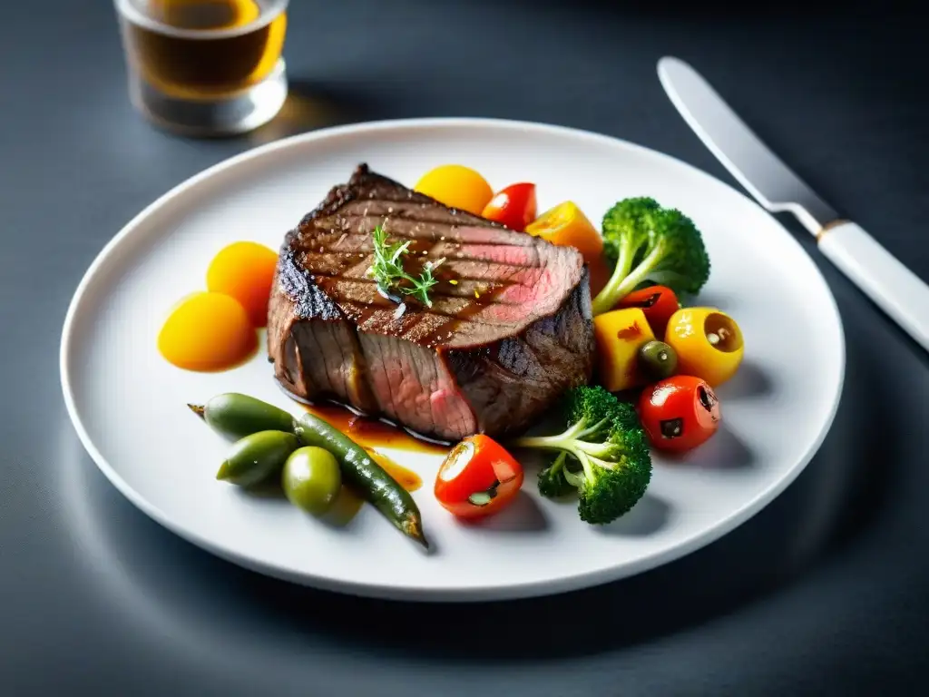 Una exquisita presentación de filete cocido sous vide con vegetales asados en un plato blanco, destacando la sazón sin gluten