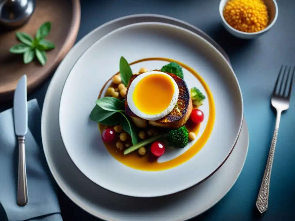 Exquisita creación gourmet sin gluten: plato vibrante y detallado Una exquisita presentación de un plato gourmet sin gluten, destacando la innovadora cocina gourmet sin gluten