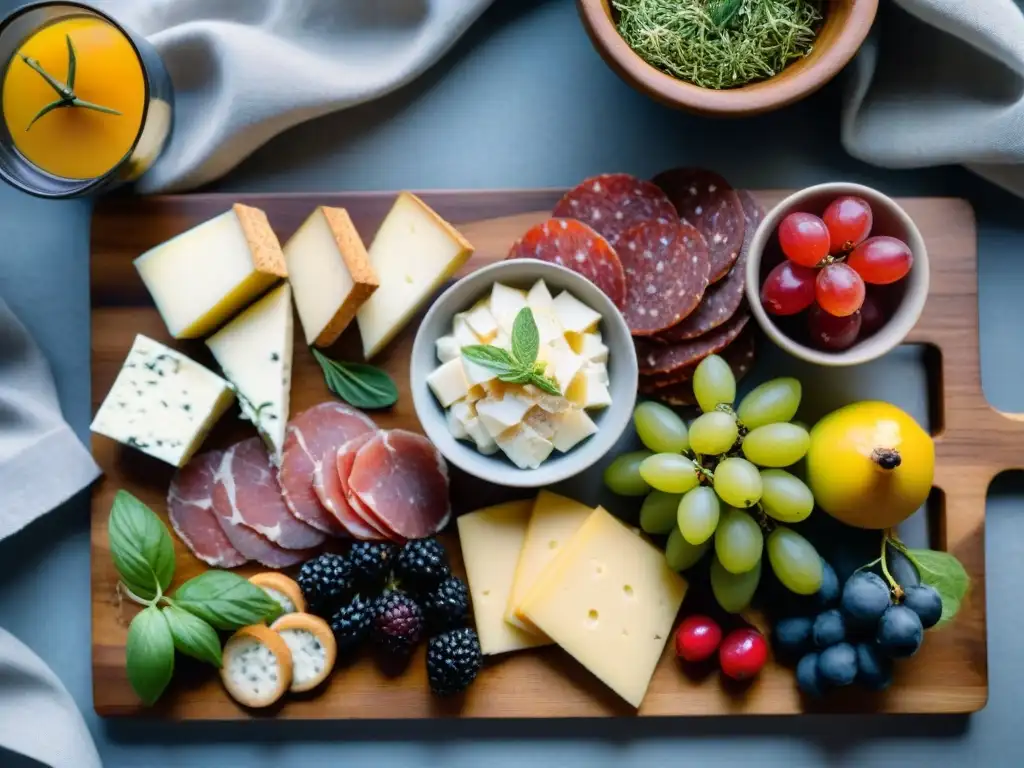 Una exquisita presentación de platos sin gluten en tabla rústica con frutas, quesos, embutidos y hierbas frescas