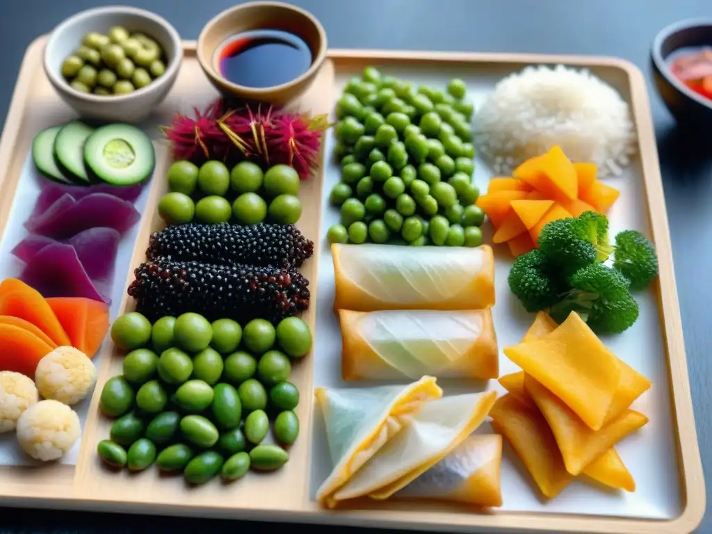 Una exquisita presentación de snacks asiáticos sin gluten saludables en una bandeja de madera moderna