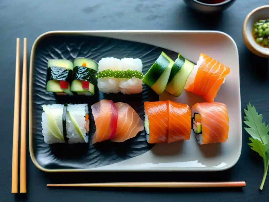 Una exquisita presentación de sushi sin gluten con rolls coloridos, sashimi perfectamente cortado y nigiri elegante en plato de piedra negro