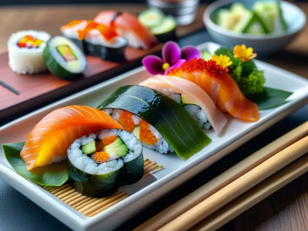 Una exquisita presentación de sushi sin gluten con recetas innovadoras en un plato japonés, adornado con ingredientes coloridos y flores comestibles