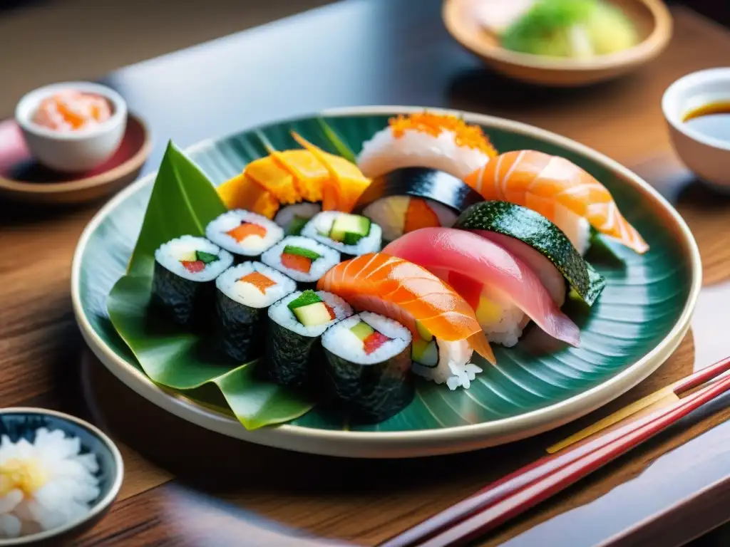 Una exquisita presentación de sushi japonés sin gluten, resaltando colores vibrantes y precisión artesanal