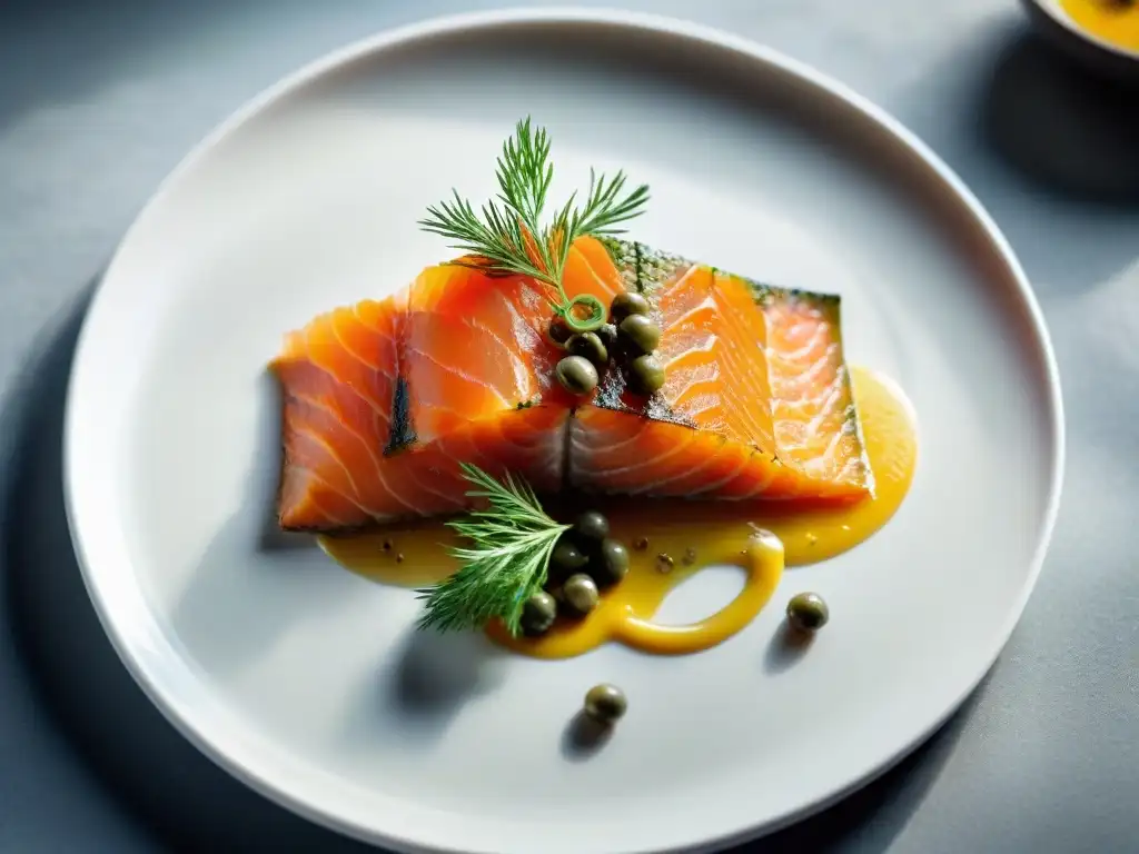 Una exquisita receta de salmón gravlax escandinavo sin gluten presentado con elegancia