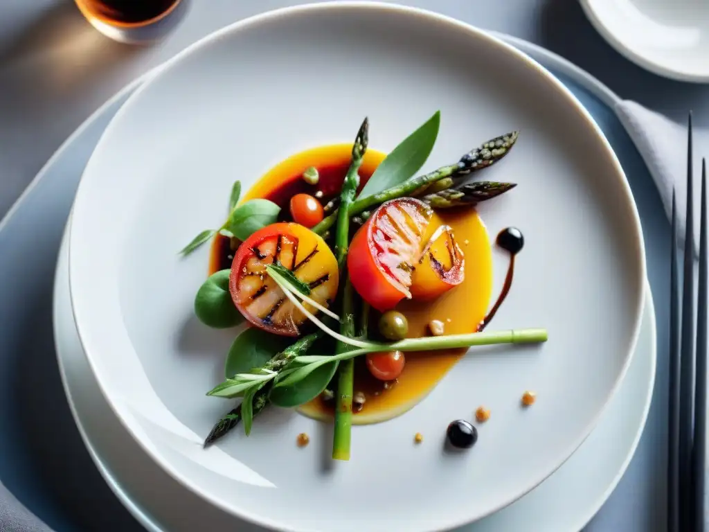 Exquisita receta sin gluten en libro de cocina: plato gourmet con tomates, espárragos, camarones y hierbas frescas en porcelana blanca