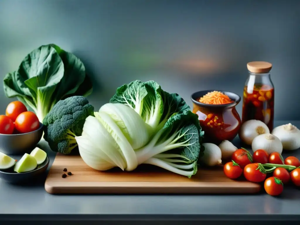 Una exquisita receta kimchi sin gluten: ¡ingredientes frescos y vibrantes que invitan a la preparación gourmet en una cocina moderna y elegante!