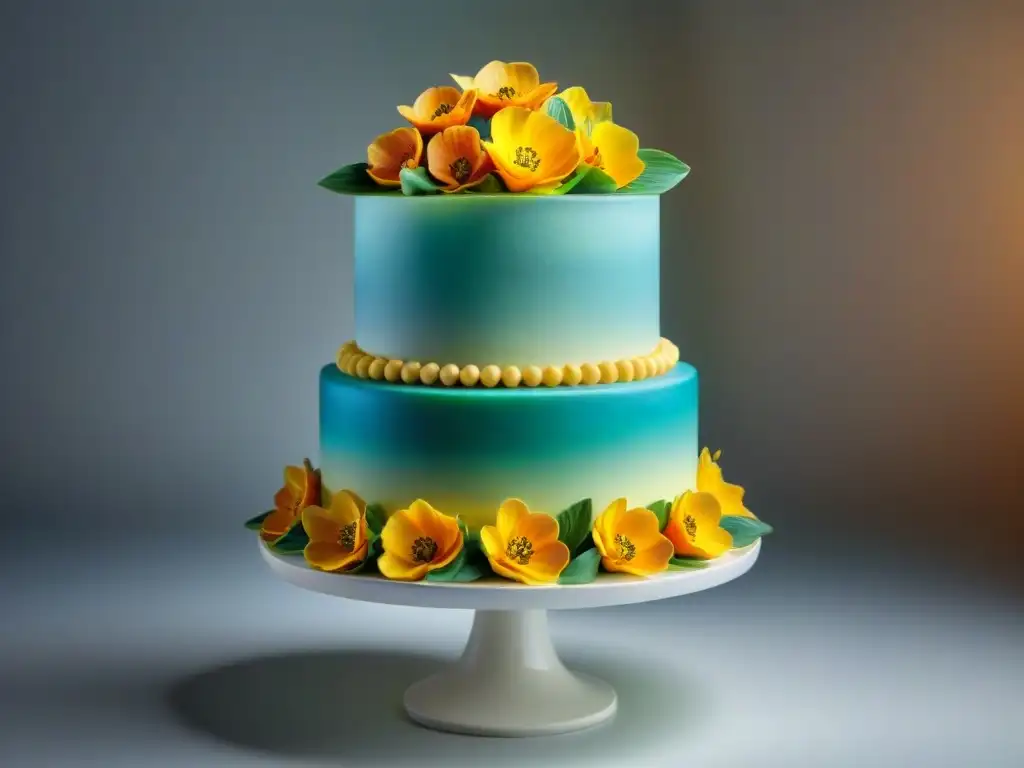 Exquisita repostería sin gluten innovadora: torta decorada con detalles delicados y colores vibrantes en pedestal blanco