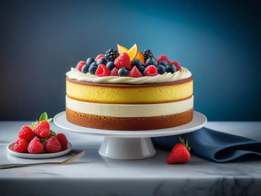 Exquisita repostería sin gluten: pastel multicapa con estructura firme, decorado con detalles de fondant y frutas frescas