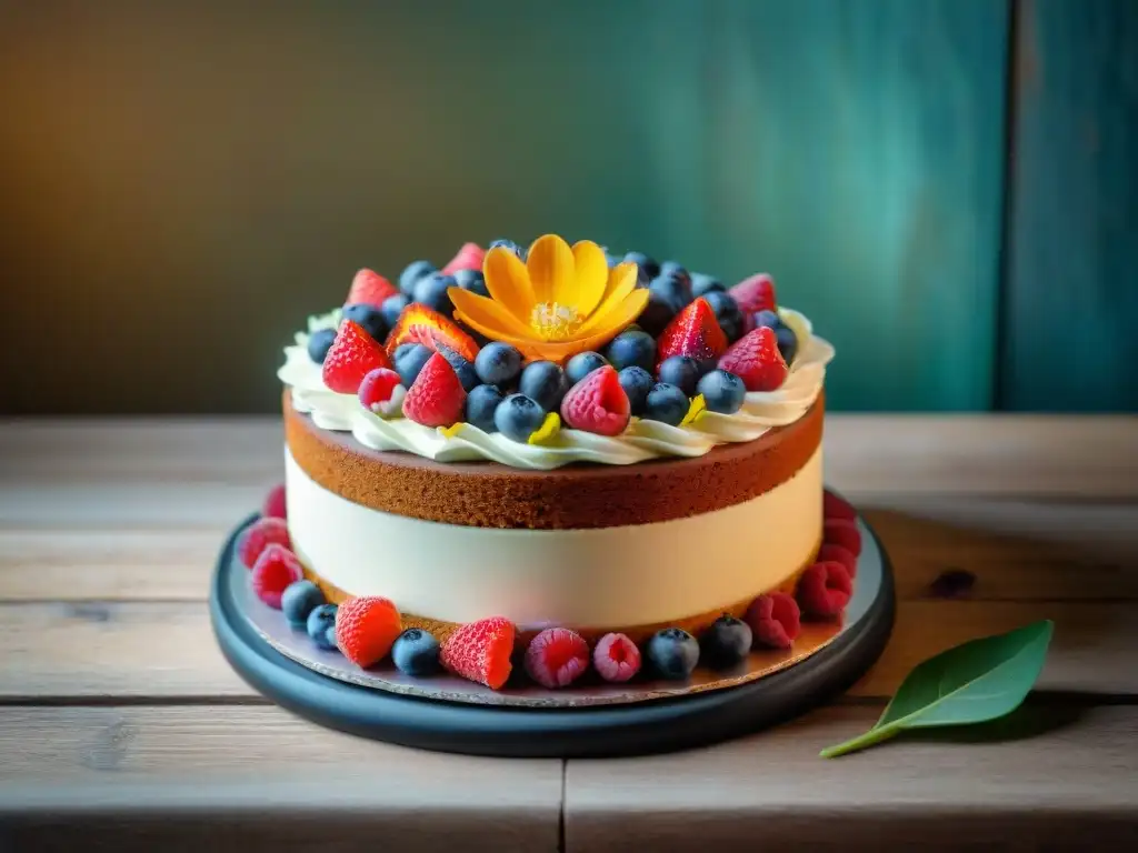 Exquisita repostería vegana sin gluten: pastel decorado con frutas frescas, flores comestibles y virutas de chocolate en una mesa rústica