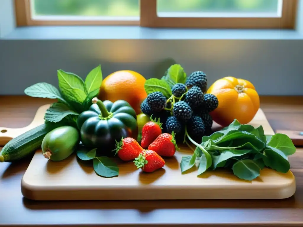 Una exquisita y saludable selección de frutas y verduras frescas en una tabla de cortar de madera