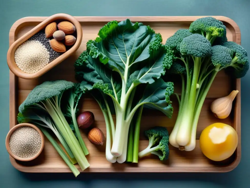 Una exquisita selección de alimentos vegetales ricos en calcio sobre una mesa de madera