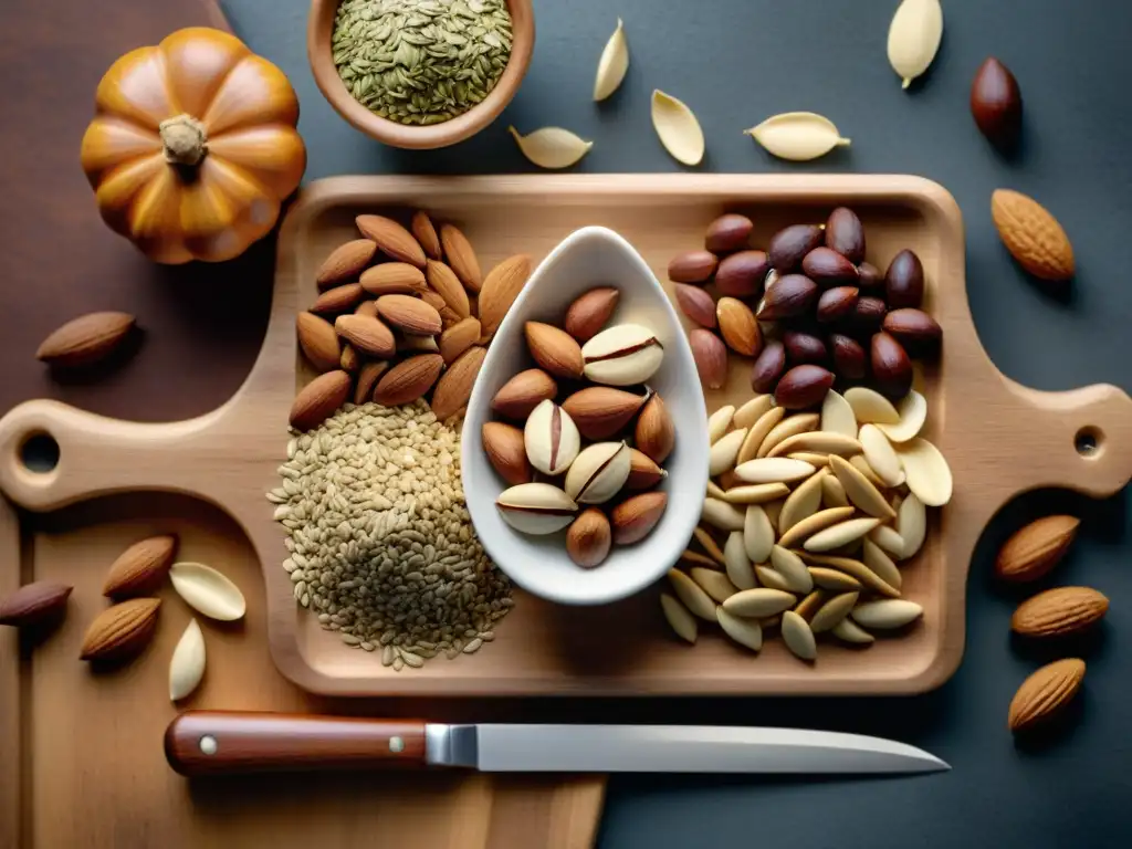 Una exquisita selección de frutos secos y semillas sin gluten en tabla de madera