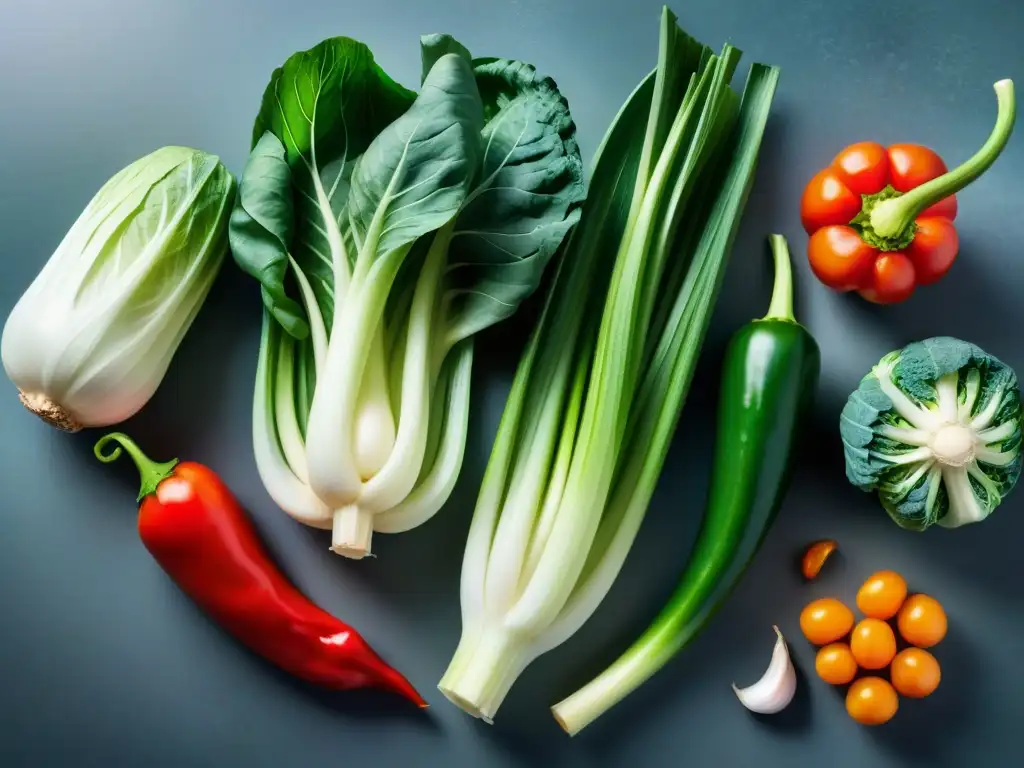 Una exquisita selección de ingredientes frescos para la receta kimchi sin gluten, con col china, rábano, ajo, jengibre, chiles y cebollas verdes